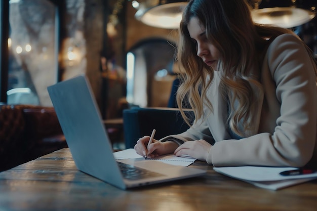 Businesswoman in Corporate Attire Working on Laptop