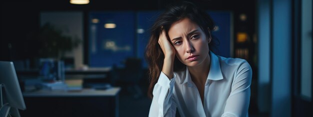Депрессивная деловая женщина, сидящая в офисе, держит голову за руку и страдает от стресса от переутомления или потери работы.