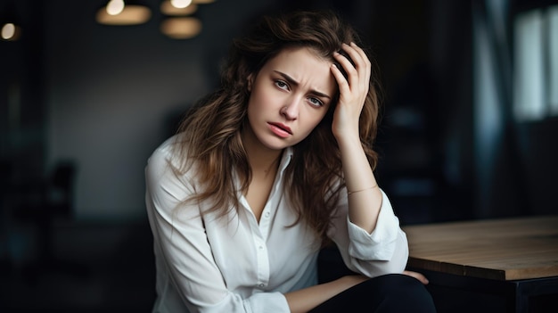 Foto donna d'affari in depressione seduta nel suo ufficio di lavoro che si tiene la testa con la mano che soffre di stress da lavoro eccessivo o perdita di lavoro