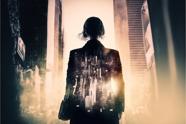 Photo businesswoman double exposure with city background