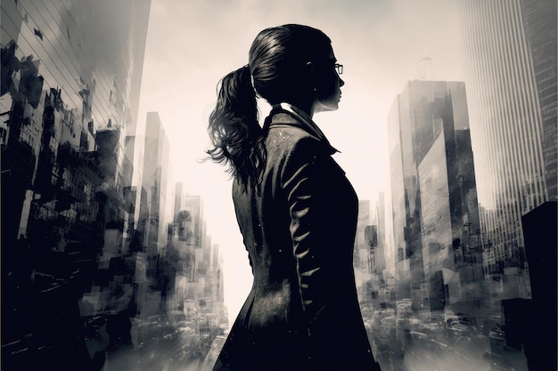 Businesswoman double exposure with city background