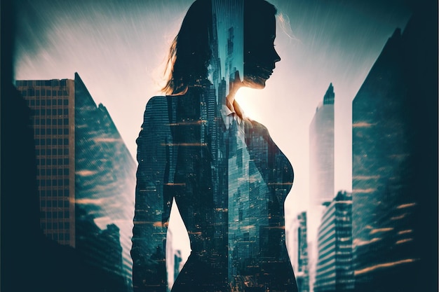 Businesswoman double exposure with city background