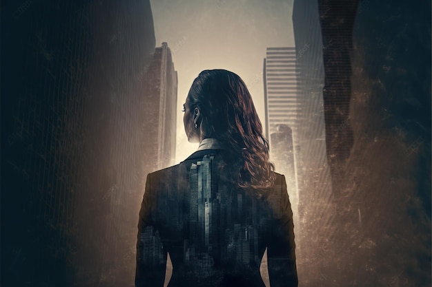 Businesswoman double exposure with city background