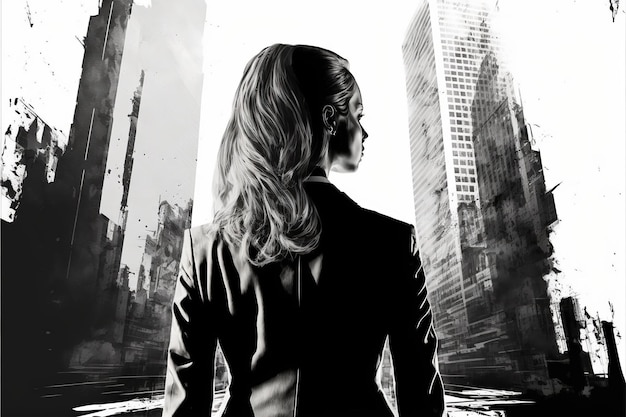 Businesswoman double exposure with city background