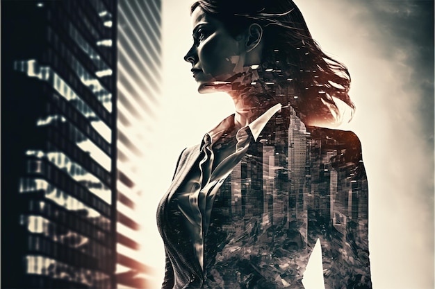 Businesswoman double exposure with city background