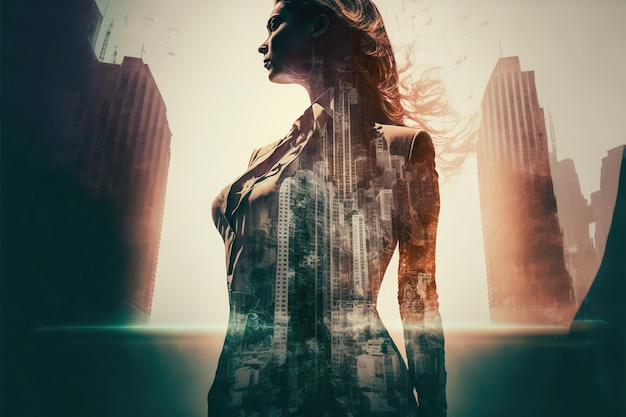 Businesswoman double exposure with city background