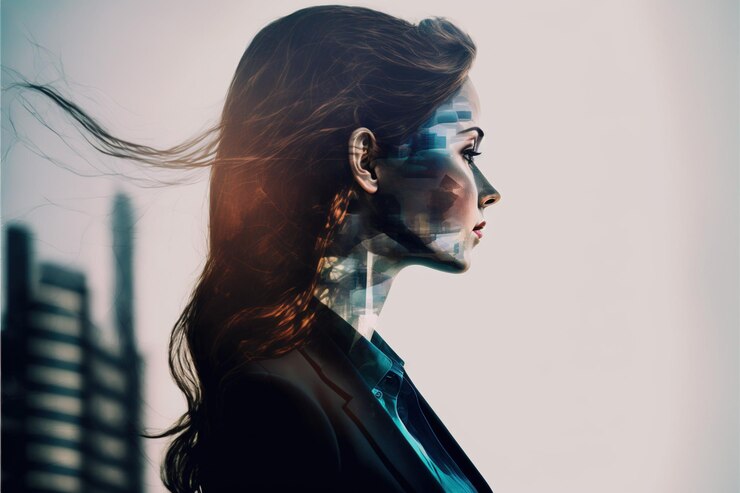 Photo businesswoman double exposure with city background