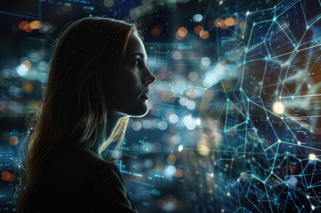 Businesswoman drawing global networking and customer connection on dark background