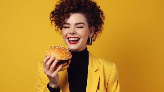 Businesswoman eating hamburger