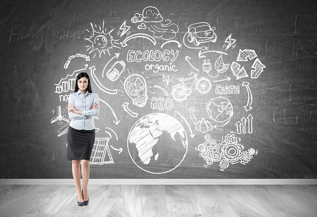 Businesswoman and eco sketch on blackboard