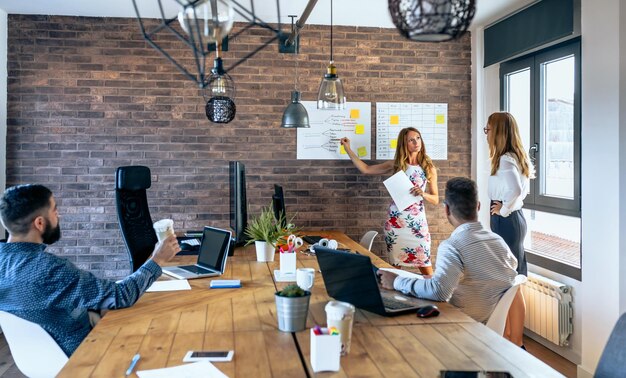 Foto donna d'affari che spiega ai colleghi in una riunione in ufficio