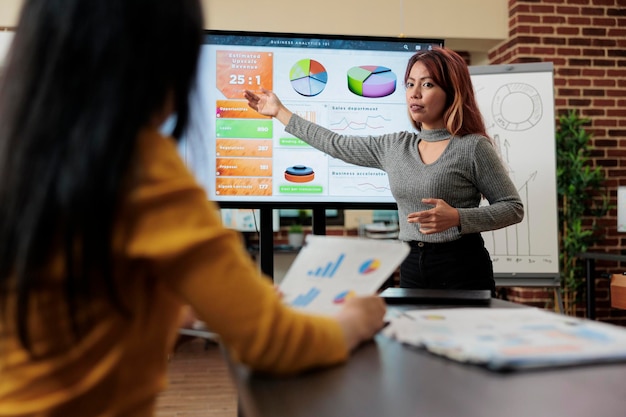 Businesswoman explaining graph during presentation in office