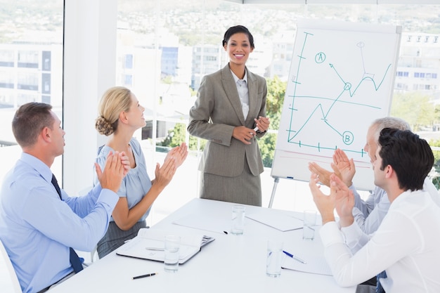 Businesswoman explaining the graph on the whiteboard