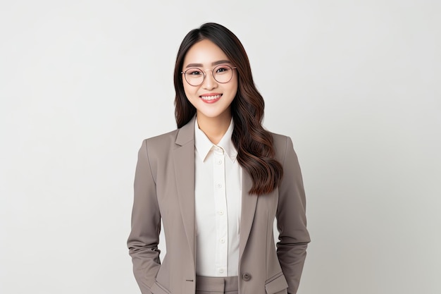 businesswoman in eyeglasses standing isolated on grey background