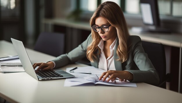 businesswoman in eyeglasses working with papers and laptop in office