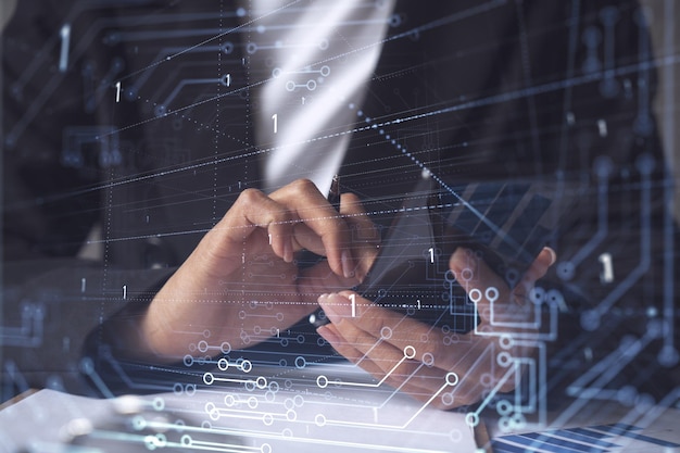 Businesswoman in formal wear checking the phone to sign the contract to create a software to present it at start up conference and gain investments for innovative service Hologram tech graphs