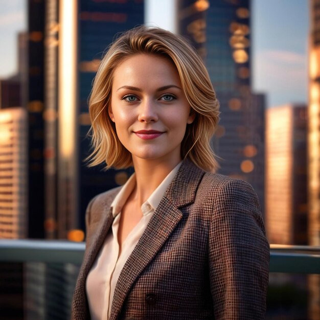 Photo businesswoman in front of modern city skyscrapers