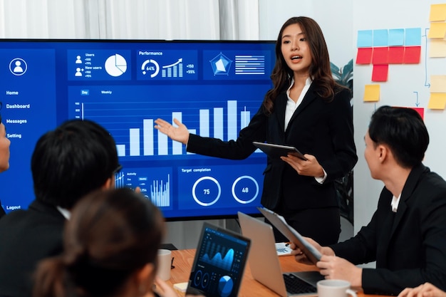 Businesswoman give presentation on dashboard data on screen at harmony office