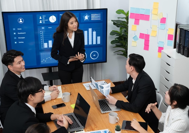 Businesswoman give presentation on dashboard data on screen at harmony office