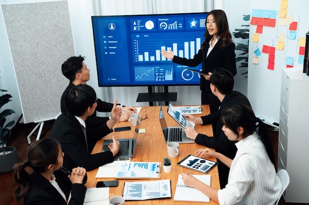 Businesswoman give presentation on dashboard data on screen at harmony office