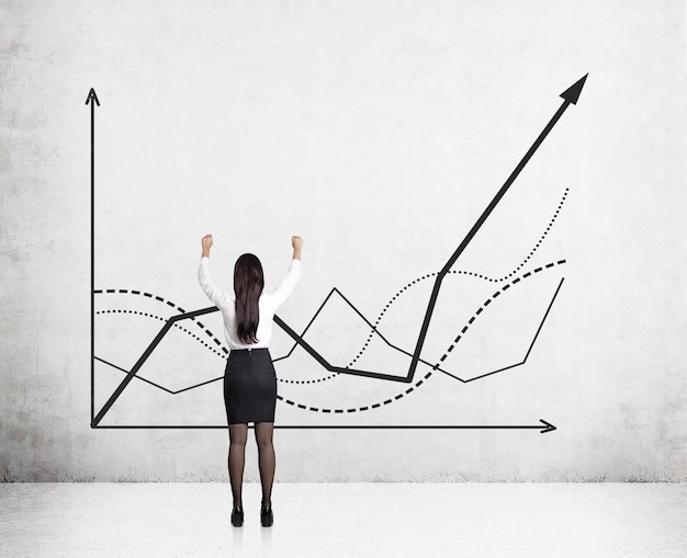 businesswoman and growing graphs on concrete wall