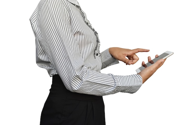 businesswoman hand holding smartphone on white