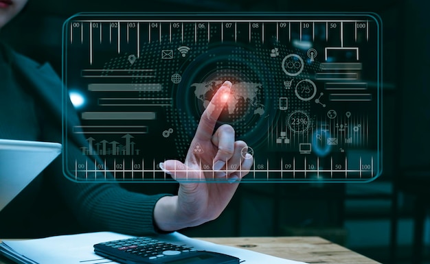 Businesswoman hand touch screen on financial diagrams