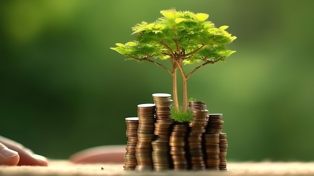 В руке деловой женщины деревья растут на стопке монет с зеленым размытием фона Боке