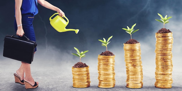 Businesswoman hand watering plants on the coin