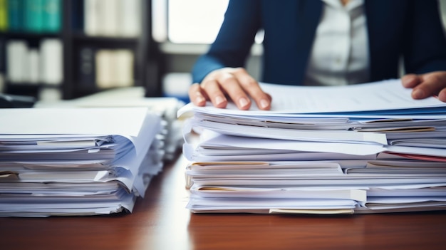 Foto mani di donna d'affari che lavorano in pile di file cartacei per la ricerca di informazioni sulla scrivania in ufficio report aziendali paperspiles di documenti incompiuti realizza creato con la tecnologia generative ai