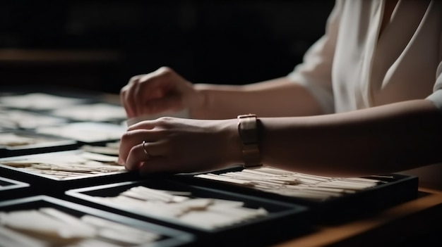 Businesswoman hands working in stacks of paper