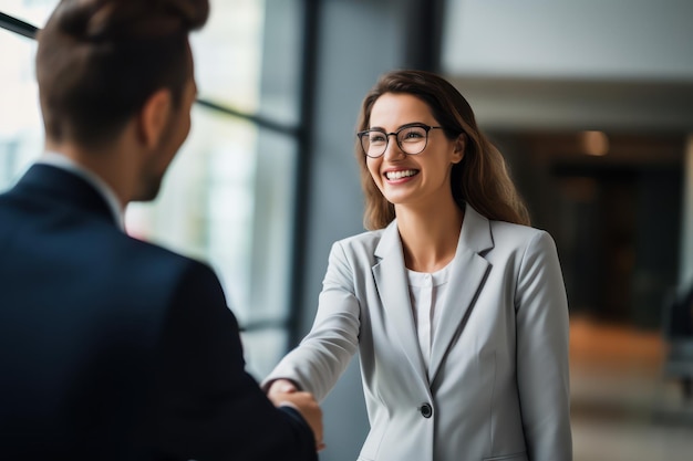 Businesswoman handshaking with partner