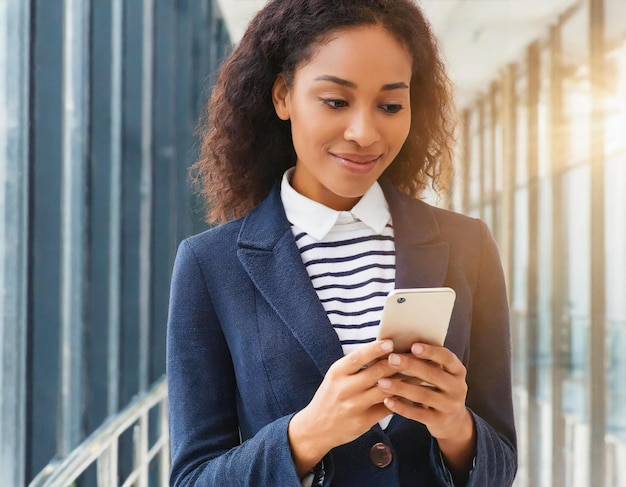 businesswoman happy African American young woman using cell phone mobile