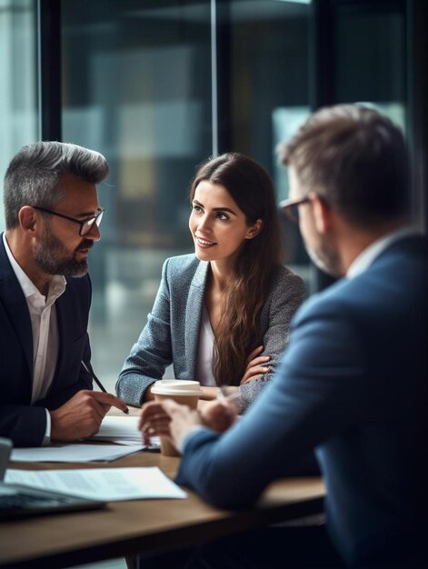 Foto donna d'affari che discute con i colleghi in ufficio