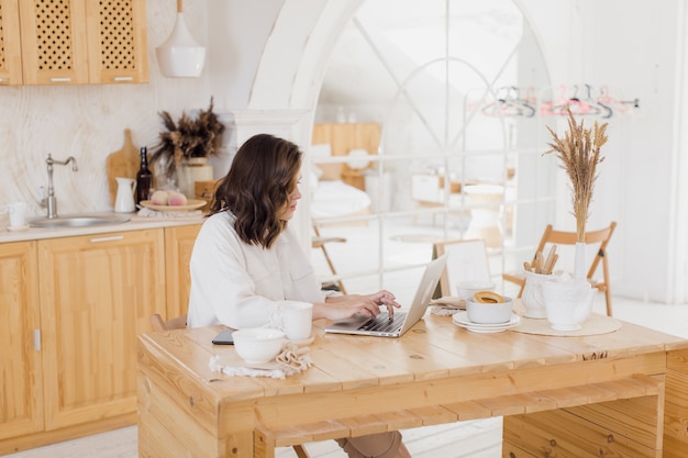 Businesswoman in having a video chat on laptop remote work or study from home