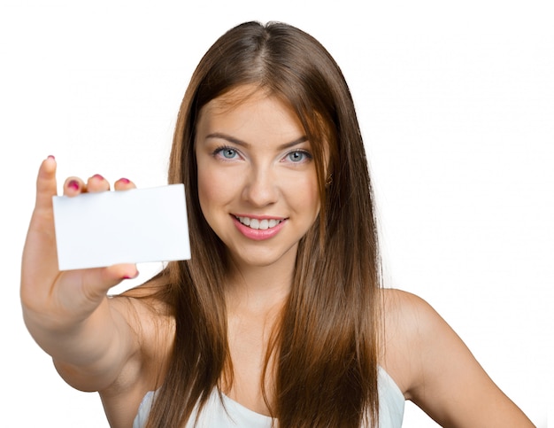 Businesswoman holding blank businesscard