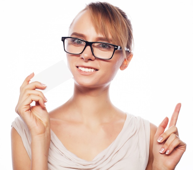 Businesswoman  holding a blank card