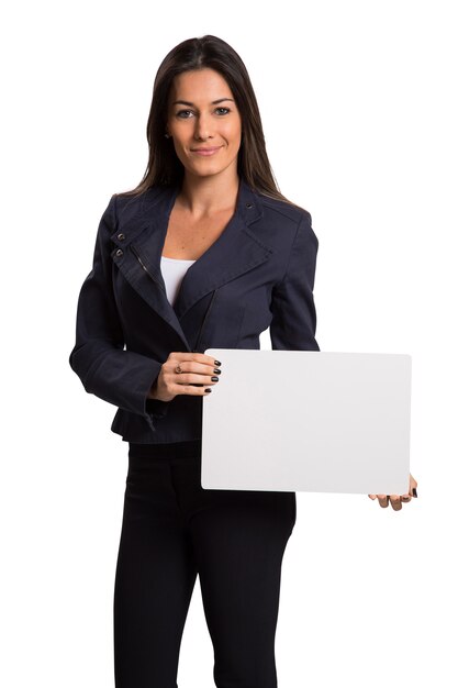 Businesswoman holding a blank card