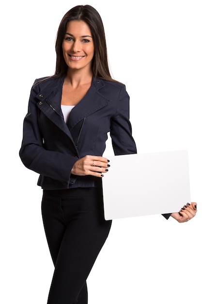 Businesswoman holding a blank card