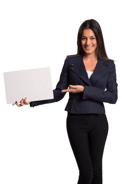 Businesswoman holding a blank card