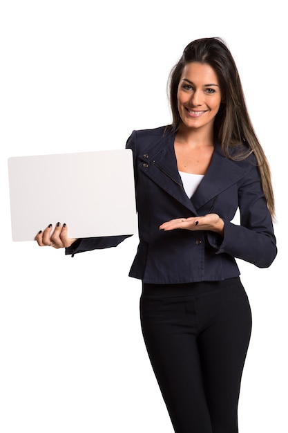 Businesswoman holding a blank card