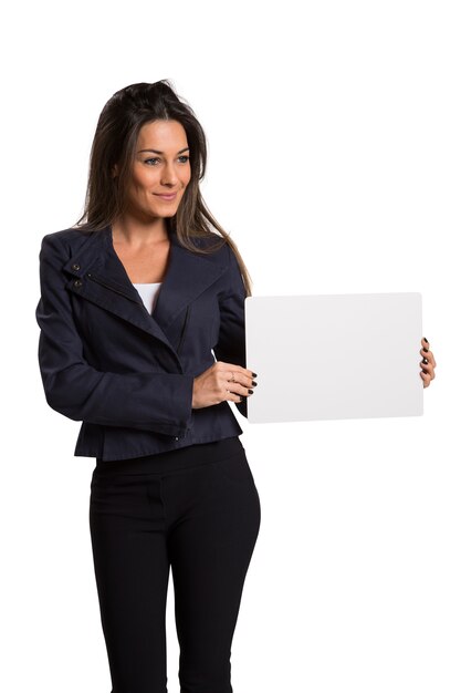Businesswoman holding a blank card