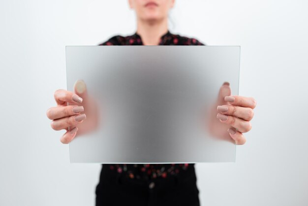 Businesswoman Holding Blank Placard And Making Important Announcement Woman With Rectangular Board In Hands Presenting New Ideas For Advertising The Business