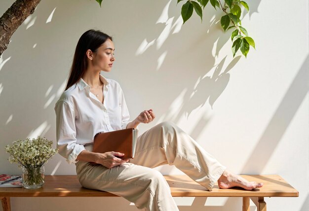 Photo businesswoman holding a daily planner is sitting on a bench