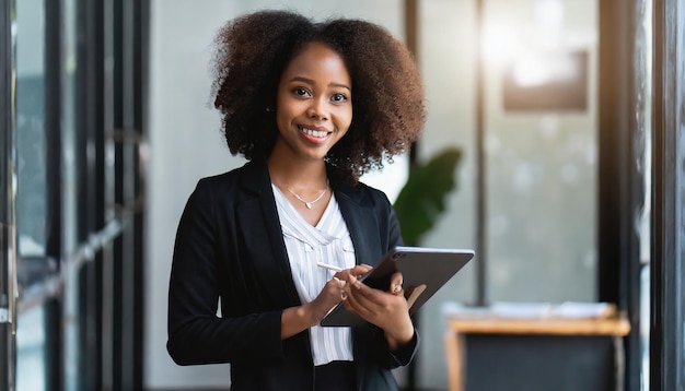 businesswoman holding a digital tablet while standing in the office room Business concept