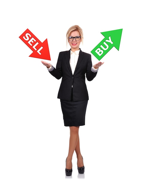 Businesswoman holding sell or buy