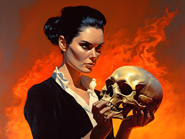 A businesswoman holding a skull fire background