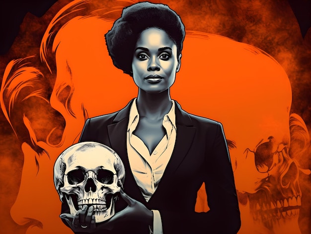 A businesswoman holding a skull fire background