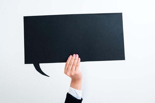 Businesswoman Holding Speech Bubble With Important Messages With One Hand Woman Presenting Crutial Informations On Dialogue Balloon Lady Showing Recent Updates On Paper