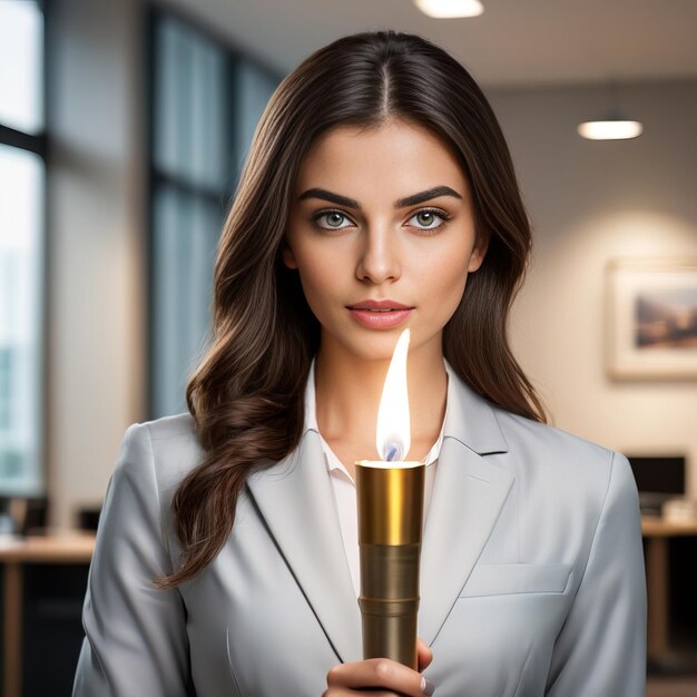 businesswoman holding torchin office